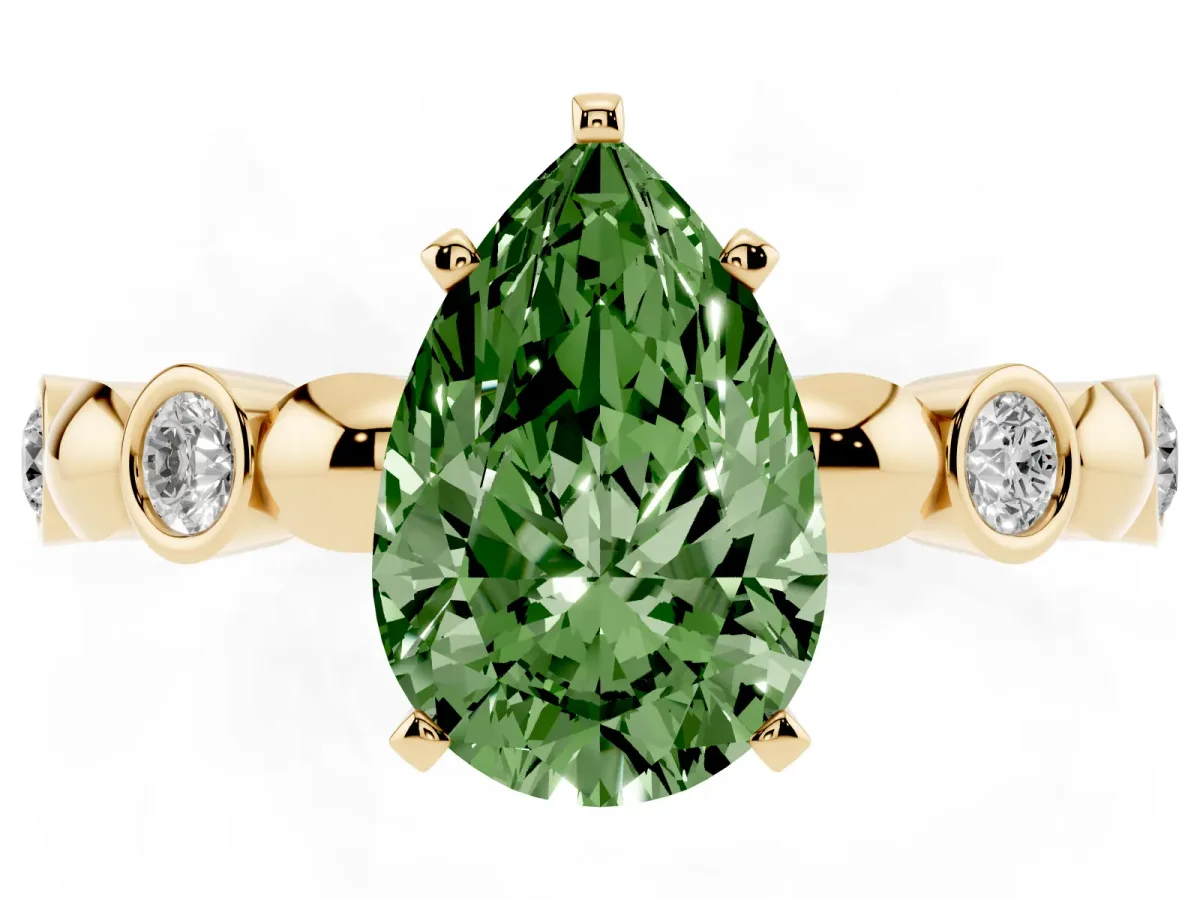 Fancy Green Pear Cut Solitaire Bezel-Set Diamond Ring with Beaded Band and Four-Prong Setting Yellow gold