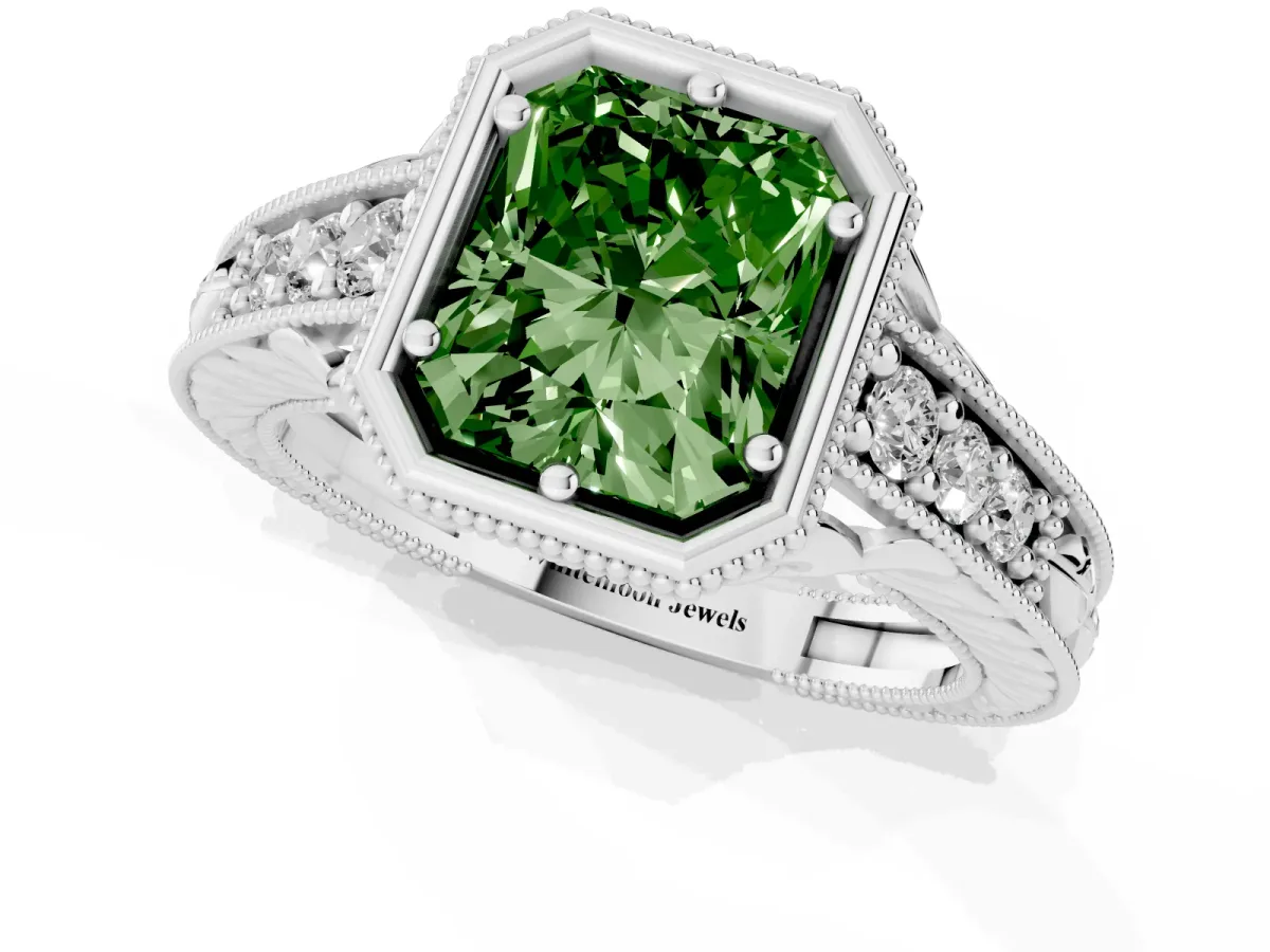 Fancy Green Bezel Set Radiant Cut Diamond Milgrain Pave Engagement Ring Silver