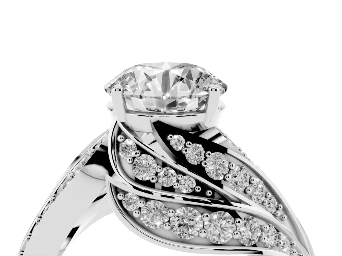 Round Cut Diamond Solitaire Ring with Prong Setting and Twisted Pavé Band Silver