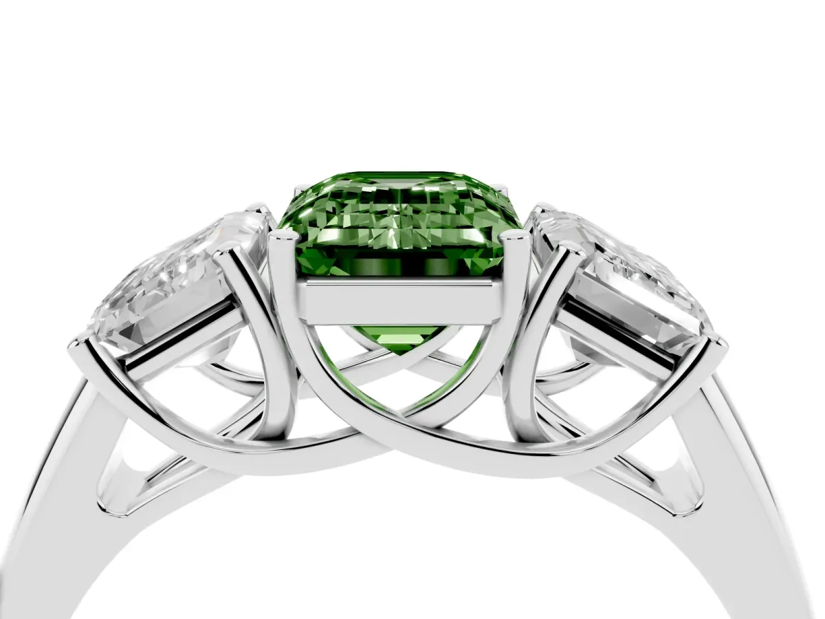 Fancy Green Three-Stone Emerald Cut Diamond Engagement Ring with Prong Setting White gold