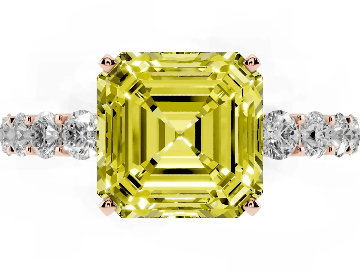 Fancy Yellow Asscher Cut Diamond Solitaire Ring with Shared Prong Pavé Band and Four-Prong Setting Rose gold