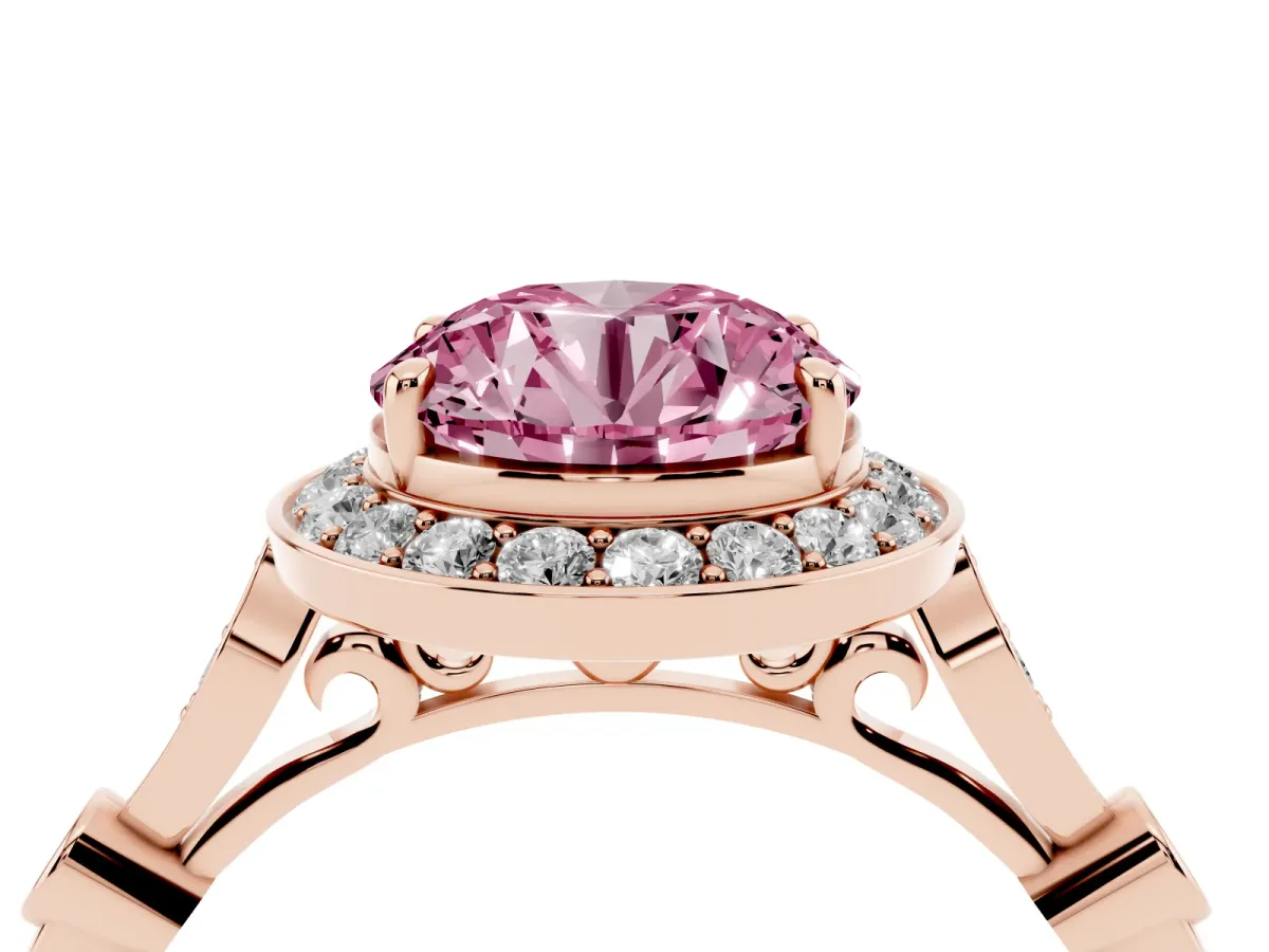 Fancy Pink Round Cut Halo Diamond Engagement Ring with Twisted Band and Four-Prong Setting Rose gold