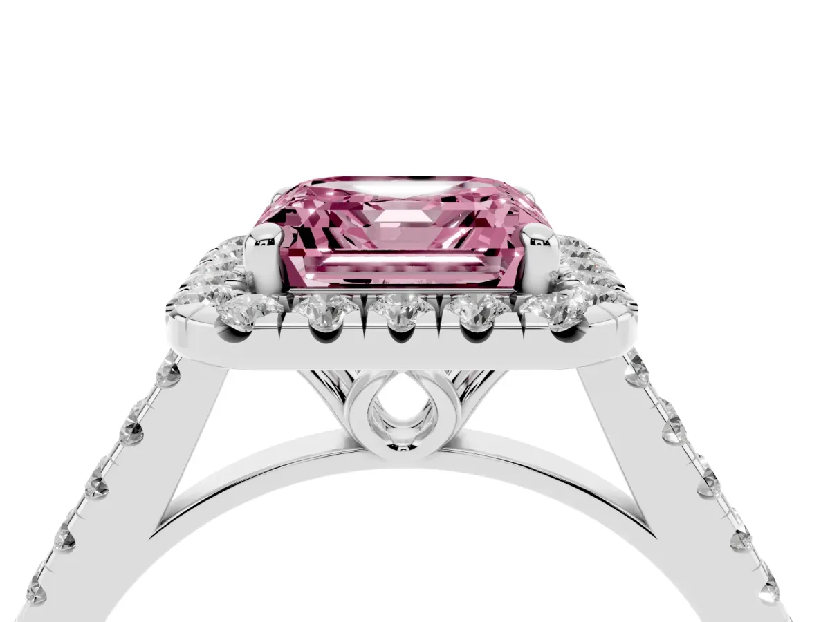 Fancy Pink Asscher Cut Halo Pavé Diamond Engagement Ring with Four-Prong Setting Silver