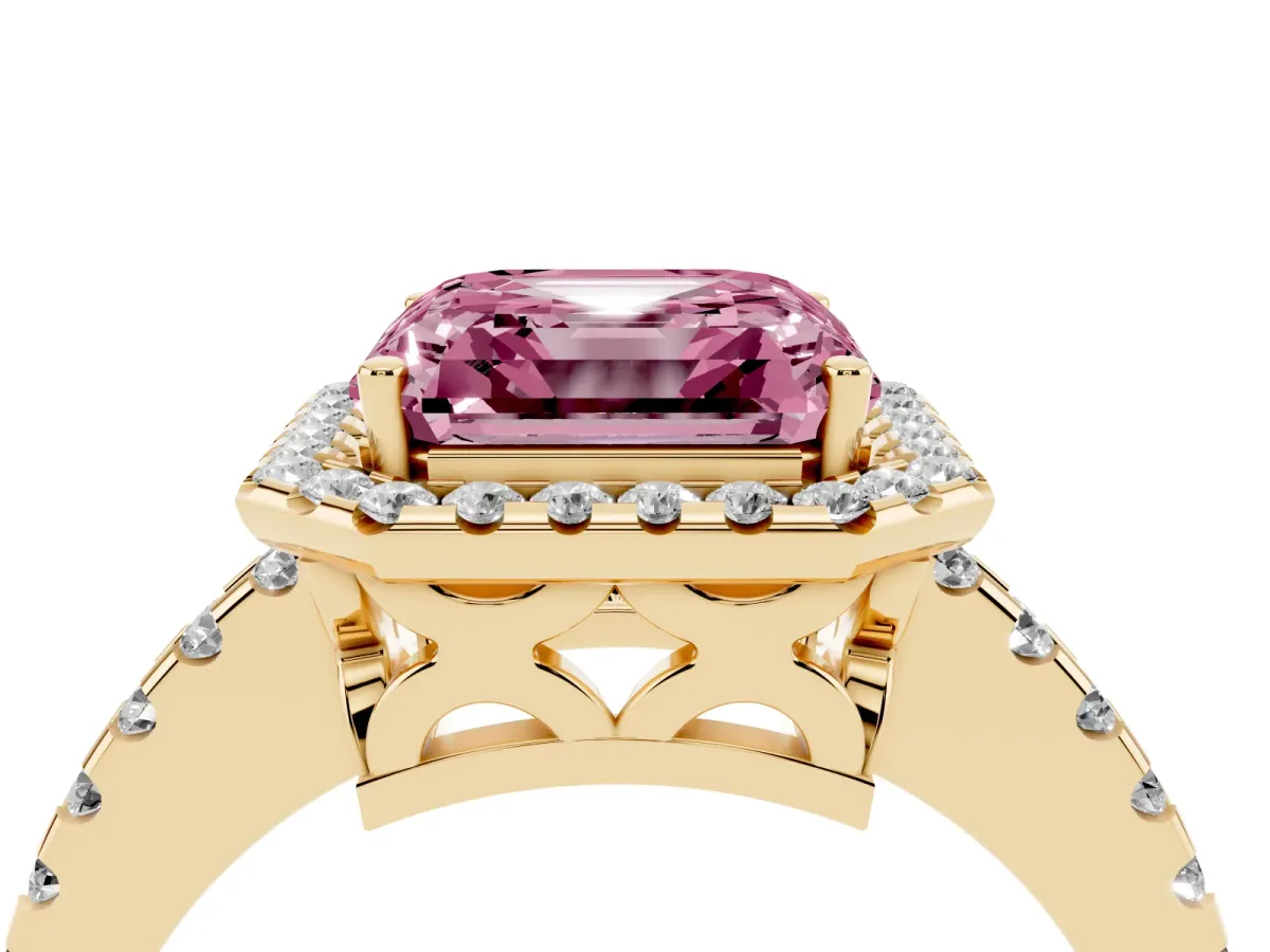 Fancy Pink Asscher Cut Diamond Halo Engagement Ring with Pavé Band and Prong Setting Yellow gold