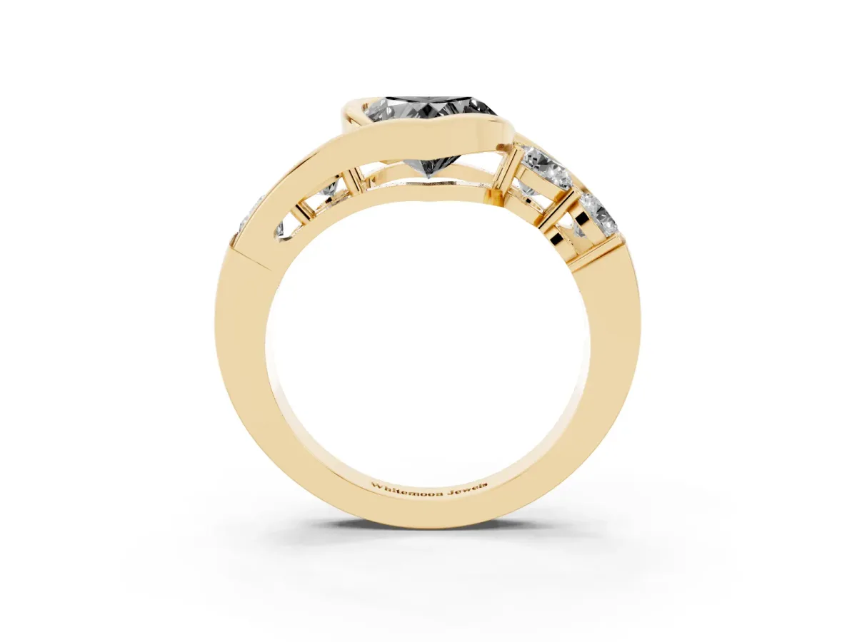 Fancy Black Bezel Set Heart Cut Diamond Bypass Ring with Round Accents Yellow gold