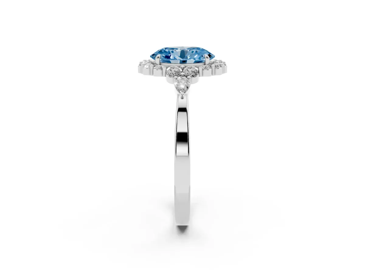 Fancy Blue Oval Cut Diamond Halo Ring with Pear Side Stones and Prong Setting Silver