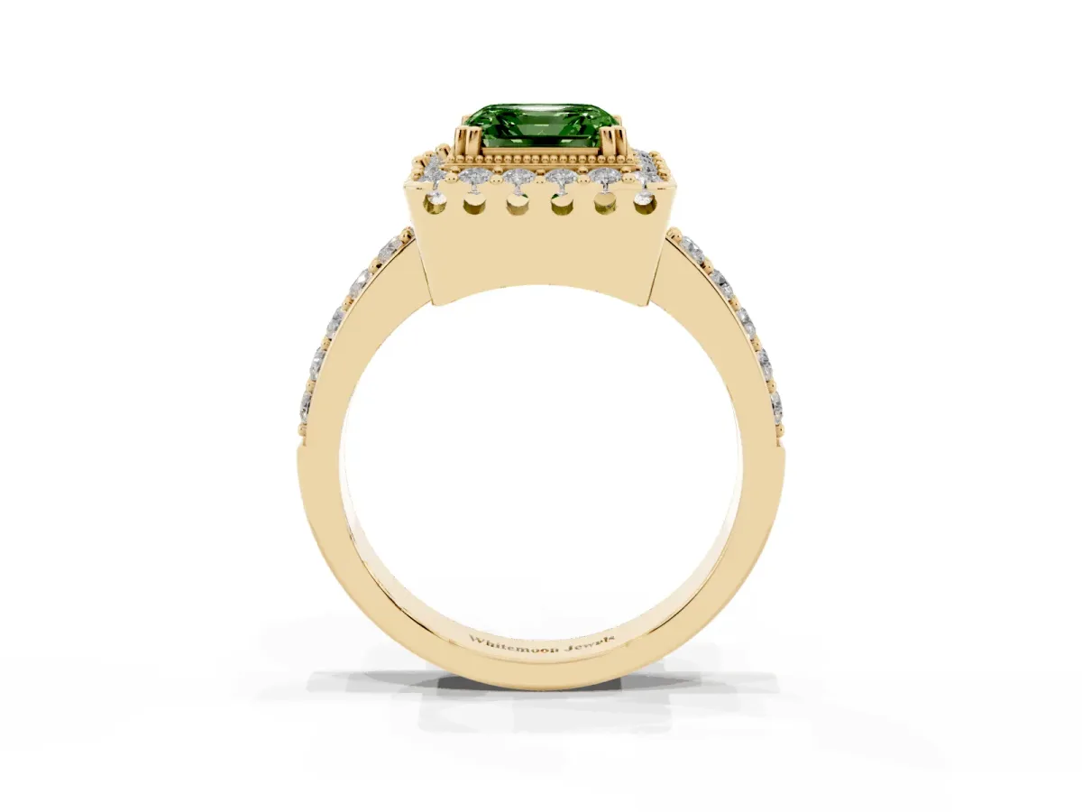 Fancy Green Asscher Cut Diamond Halo Ring with Pavé Band and Prong Setting Yellow gold