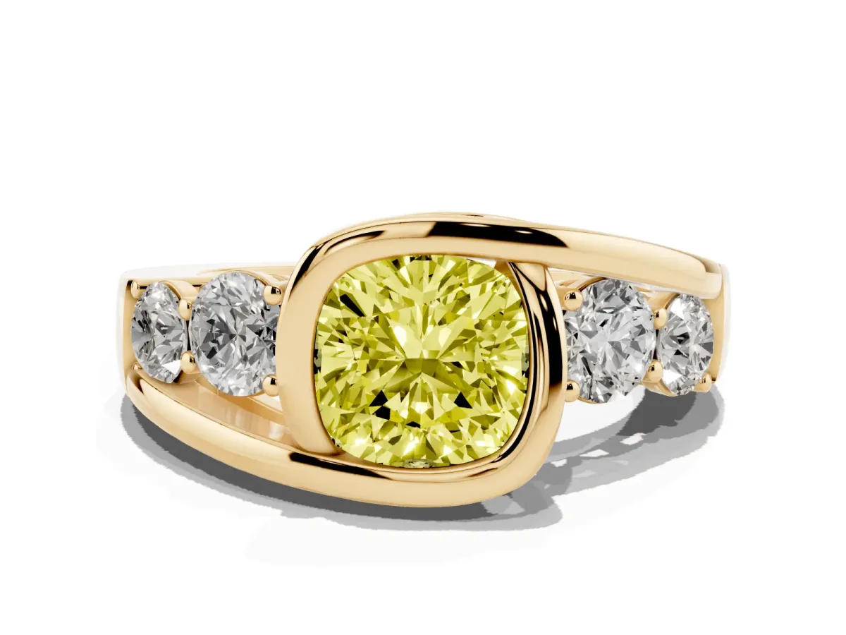 Fancy Yellow Bezel Set Cushion Cut Diamond Bypass Ring with Round Accents Yellow gold