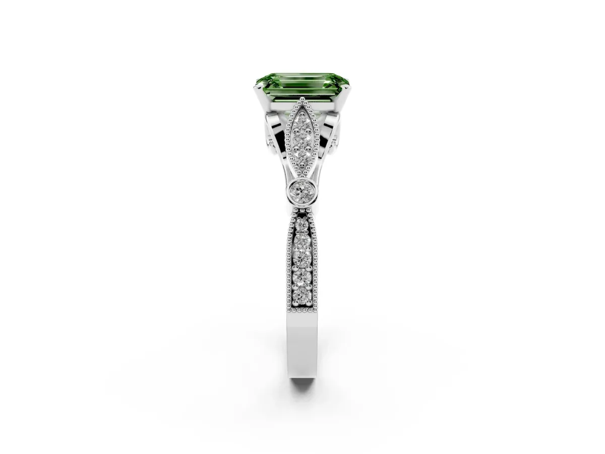 Fancy Green Emerald Cut Cut Diamond with Milgrain Marquise and Bezel Accents on a Solitaire Band with Prong Setting Silver