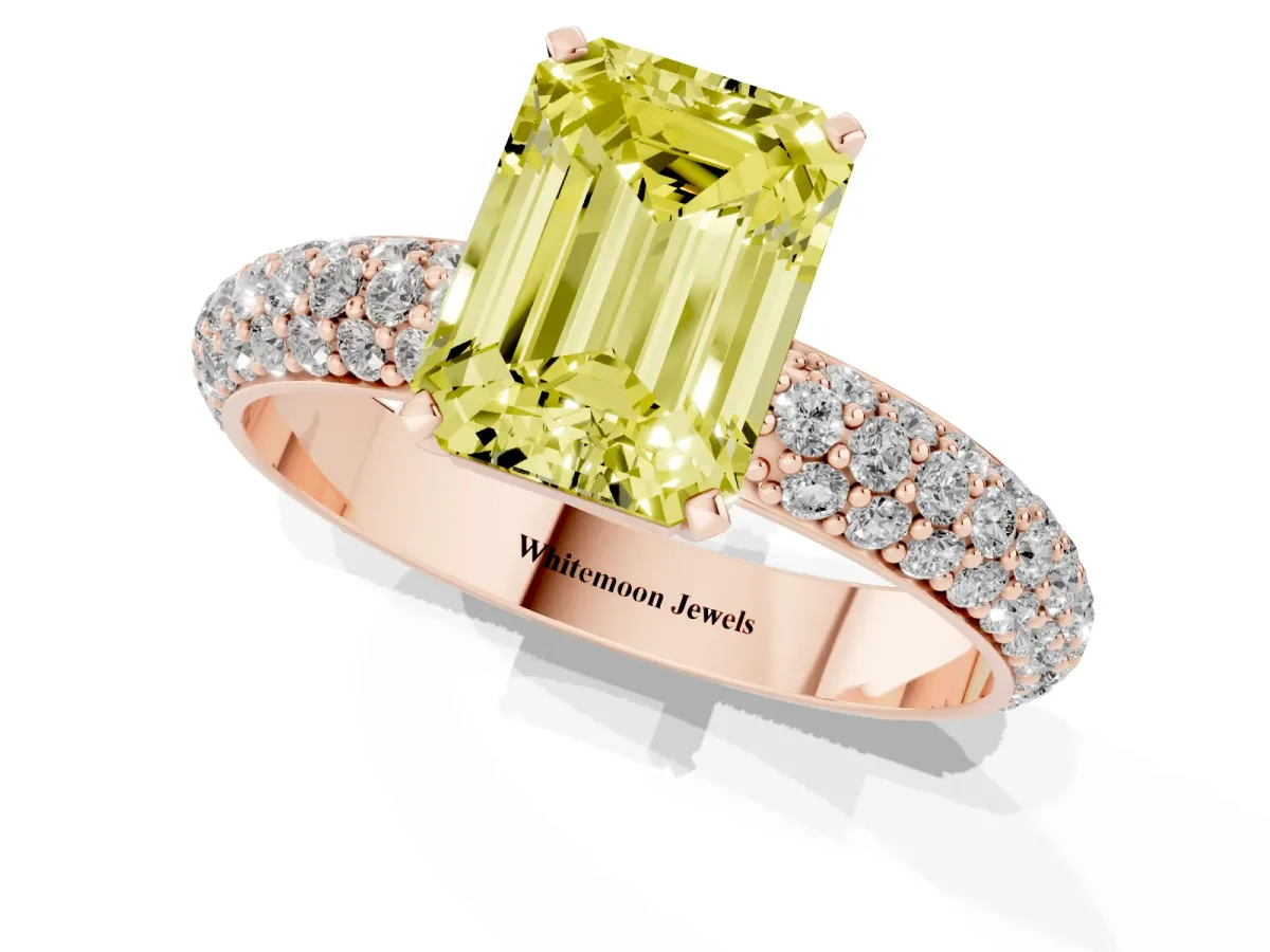 Fancy Yellow Emerald Cut Diamond Solitaire Ring with Prong Setting and Pavé Band Rose gold
