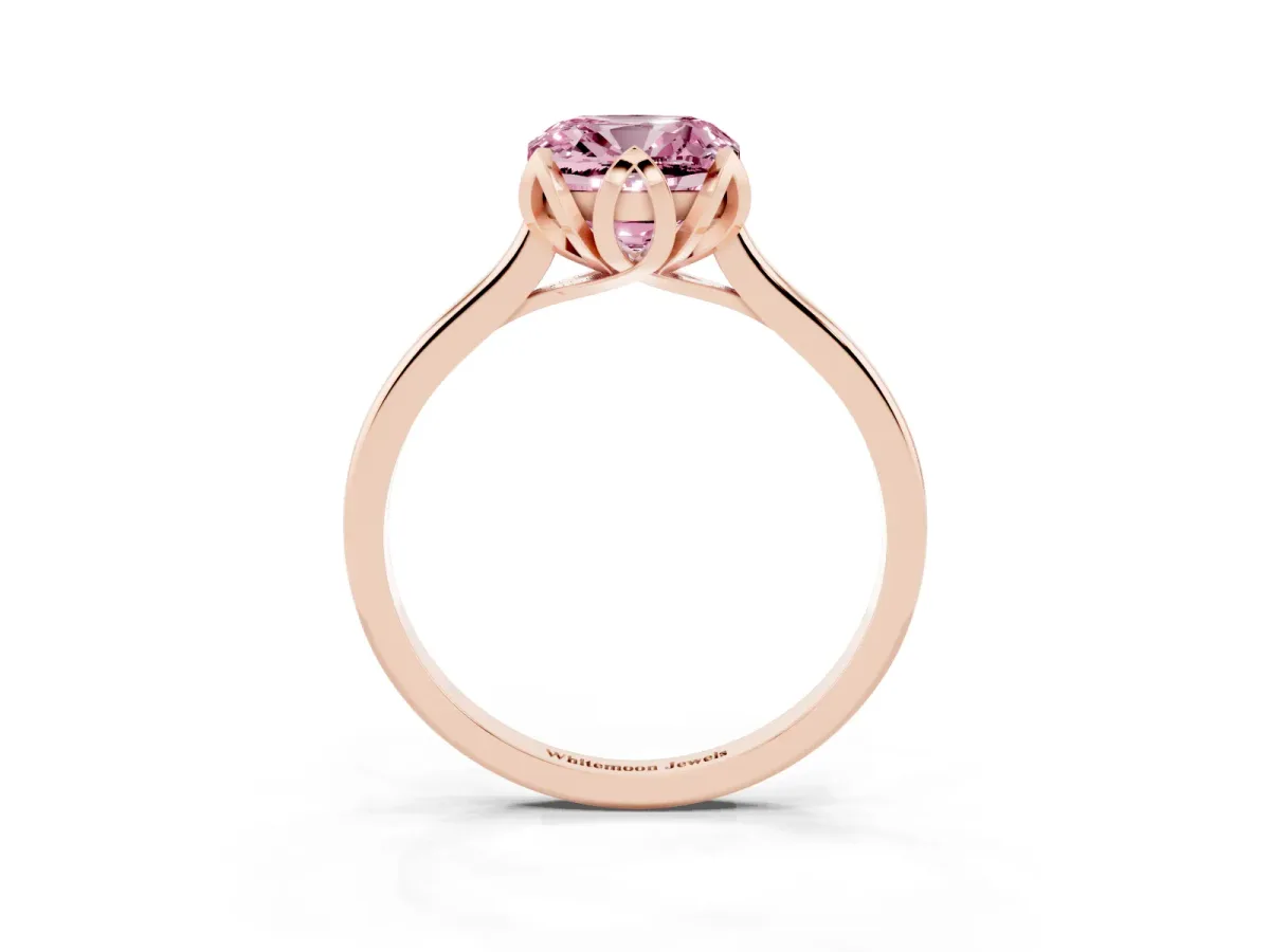Fancy Pink Cushion Cut Diamond Solitaire Ring with Flower Prong Setting and Classic Band Rose gold
