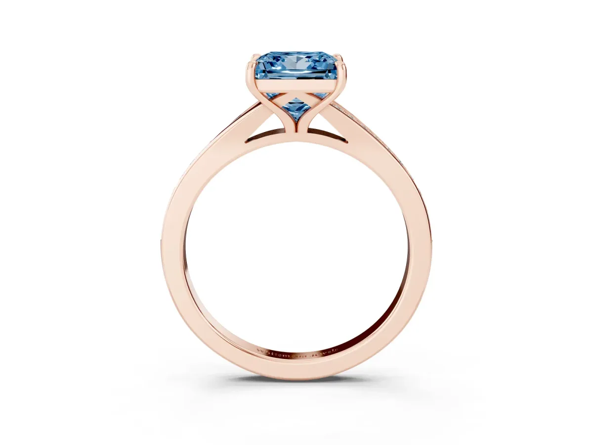 Fancy Blue Princess Cut Diamond Solitaire Ring with Pavé Band and Prong Setting Rose gold