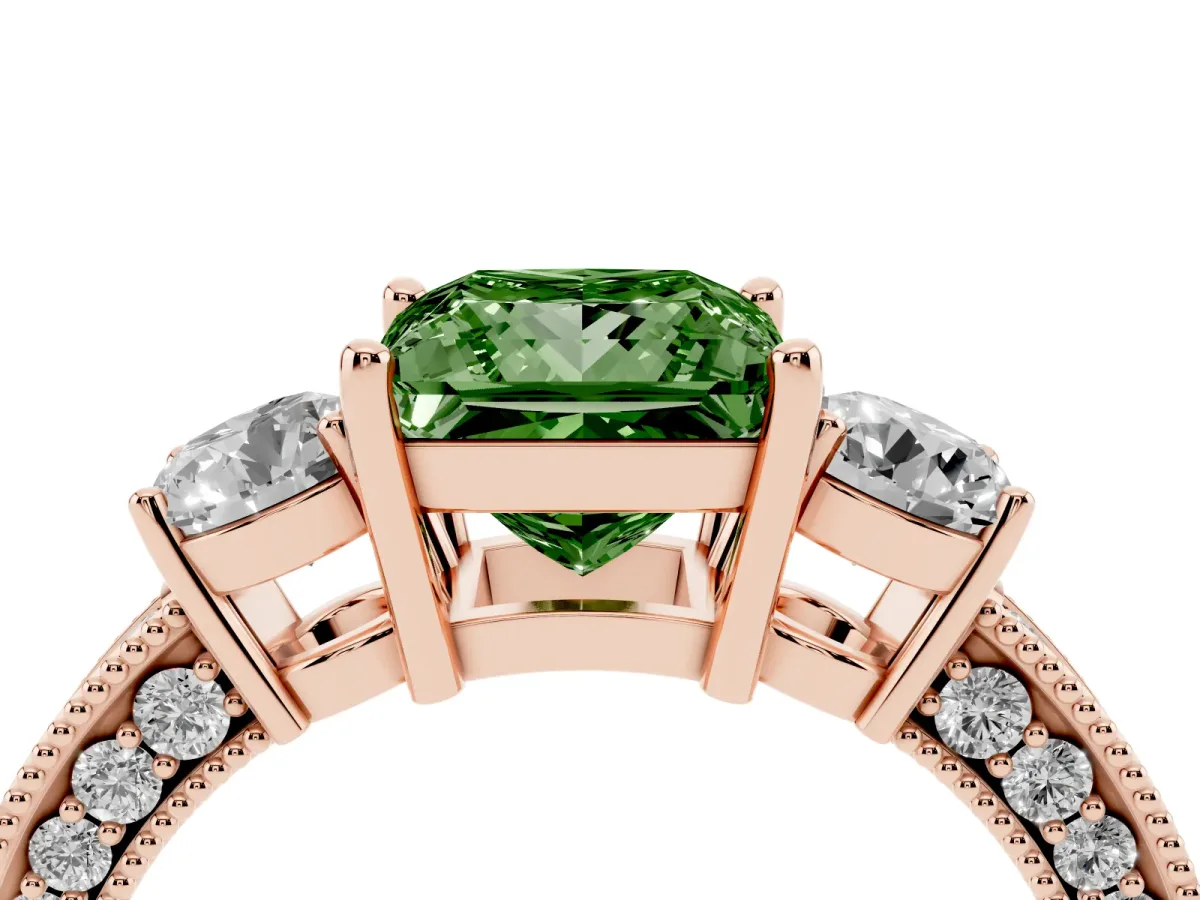Fancy Green Princess Cut Three-Stone Diamond Ring with Pavé Band and Four-Prong Setting Rose gold