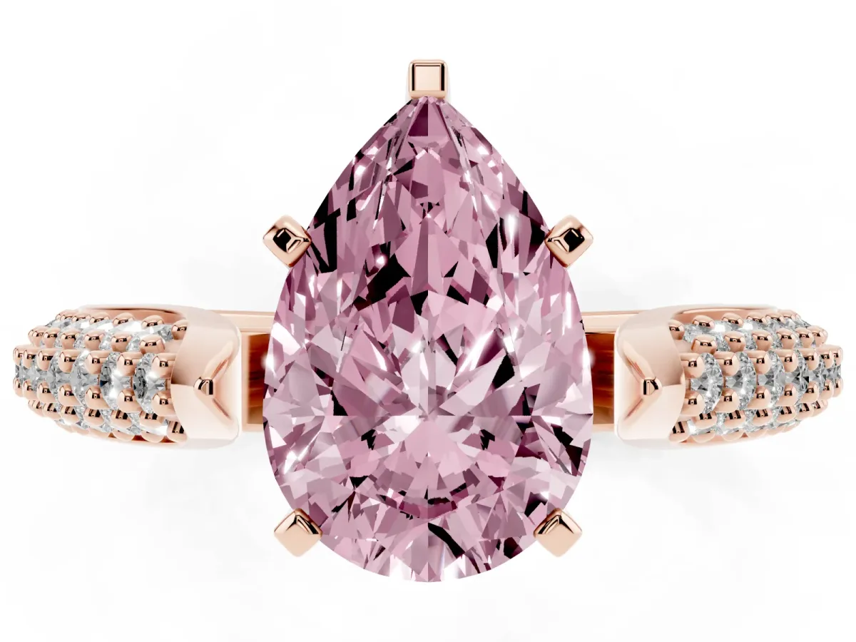 Fancy Pink Pear Cut Diamond Solitaire Engagement Ring with Multi-Row Round Pavé Band and Prong Setting Rose gold