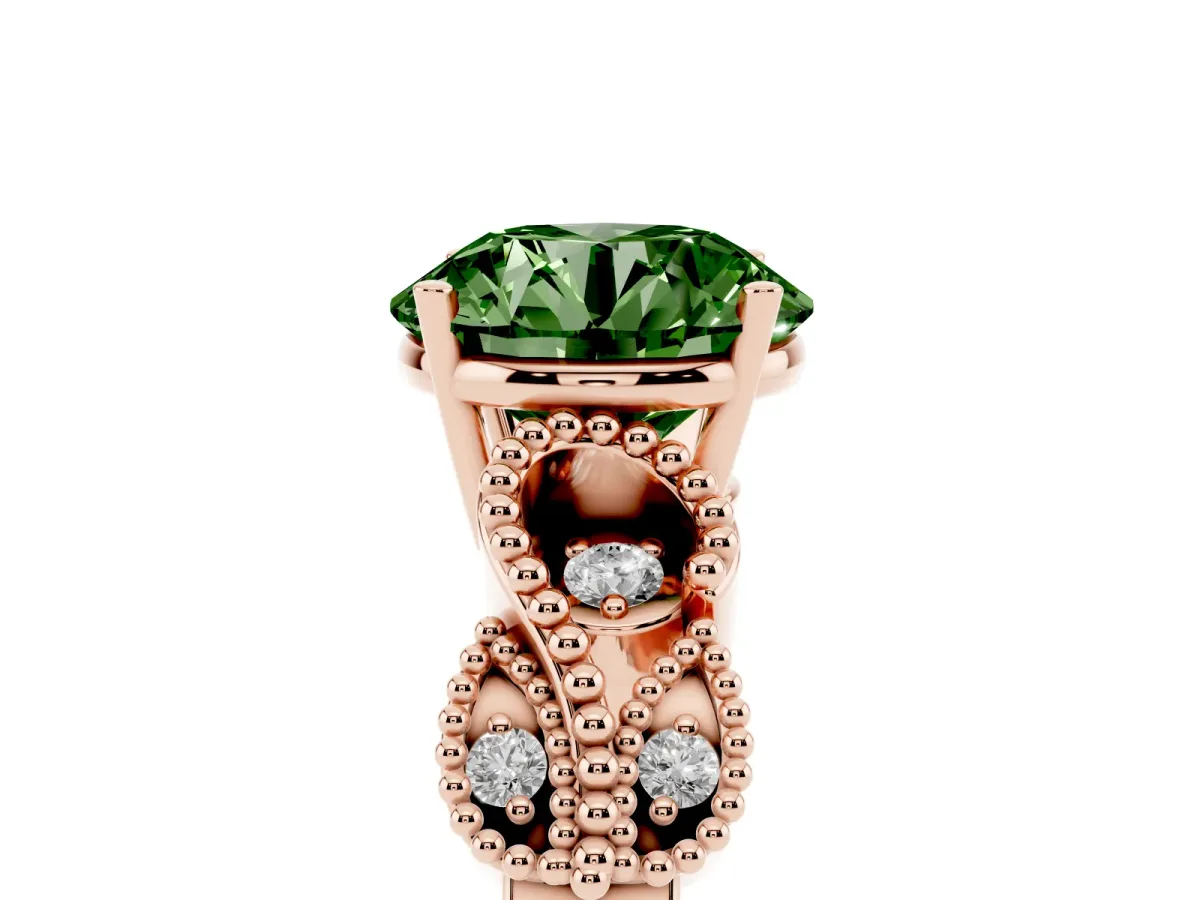 Fancy Green Round Cut Solitaire Milgrain Leaf Band with Prong Setting Rose gold