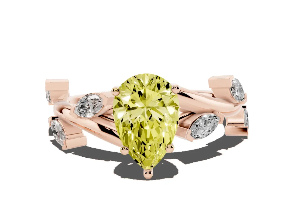 Fancy Yellow Pear Cut Solitaire Twisted Band Marquise Accent Prong Setting Ring Rose gold
