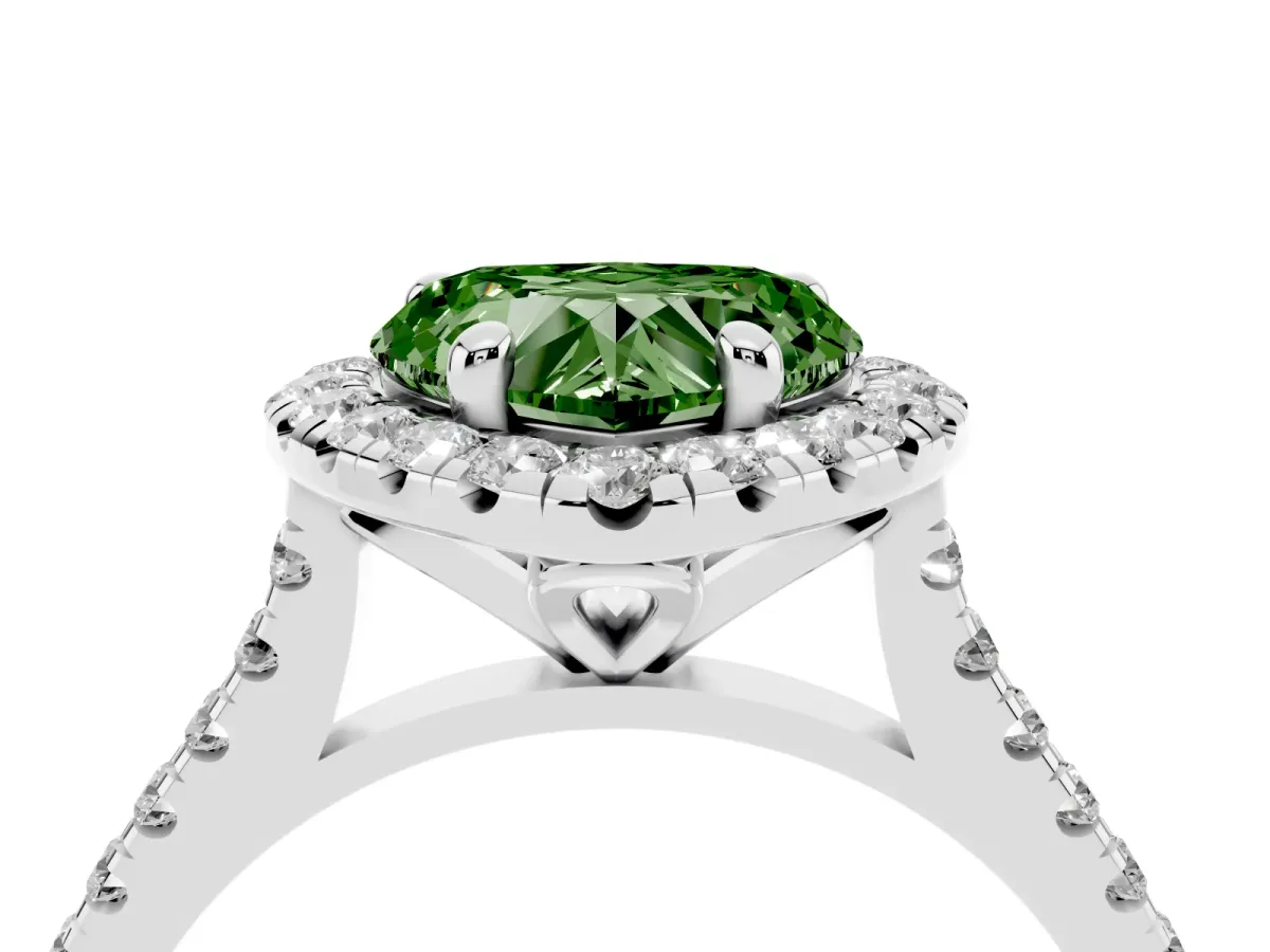 Fancy Green Heart Cut Diamond Cushion Halo Ring with Pavé Band Platinum