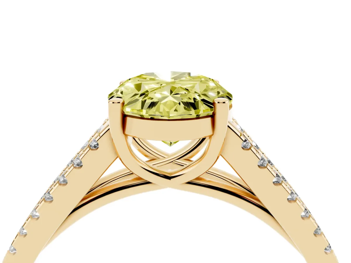 Fancy Yellow Oval Cut Diamond Solitaire Engagement Ring with Split Shank Pavé Band Yellow gold
