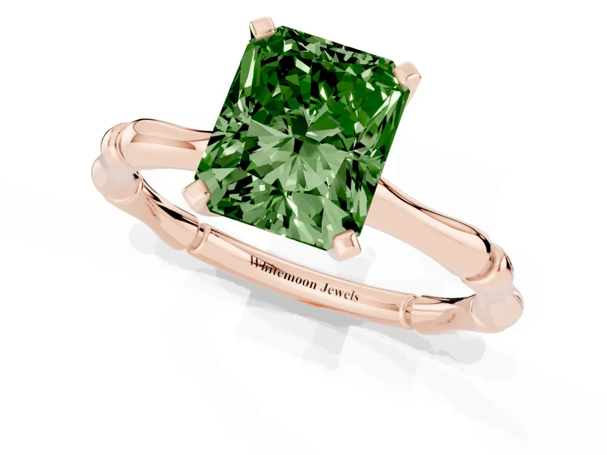 Fancy Green Radiant Cut Solitaire Diamond Ring with Bamboo Band and Four-Prong Setting Rose gold