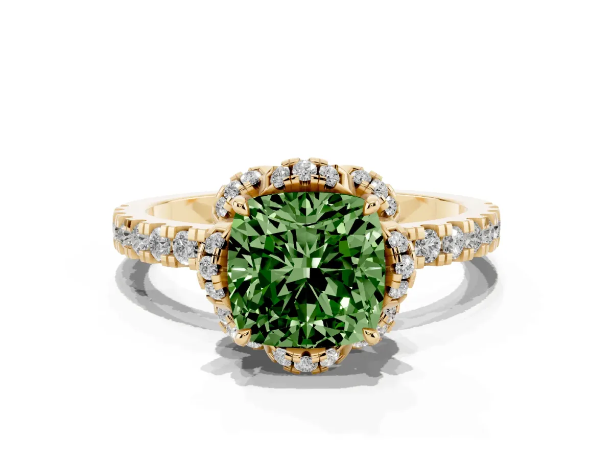 Fancy Green Cushion Cut Diamond Halo Pave Band with Four-Prong Setting Yellow gold