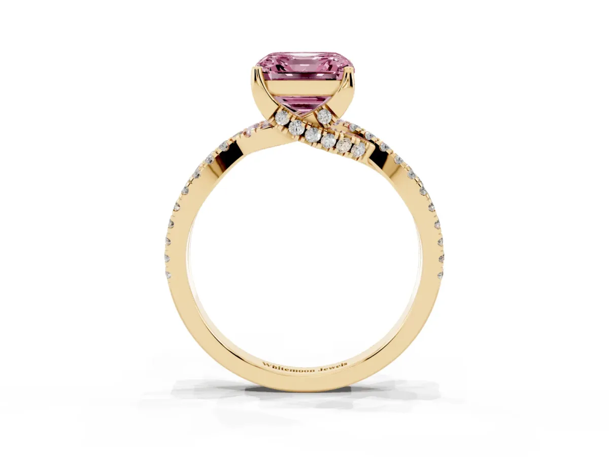 Fancy Pink Asscher Cut Solitaire Twist Pave Diamond Engagement Ring with Prong Setting Yellow gold