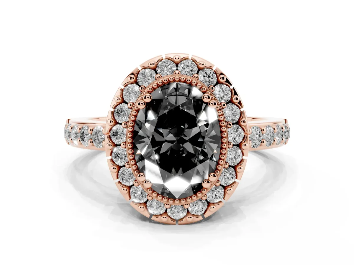 Fancy Black Oval Cut Diamond Halo Ring with Pavé Band and Prong Setting Rose gold