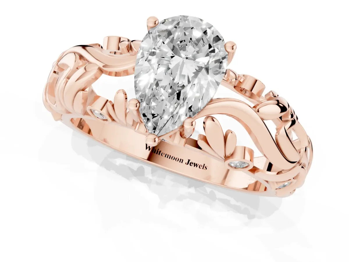 Pear Cut Solitaire Diamond Leaf-Inspired Vine Band Ring with Prong Setting Rose gold