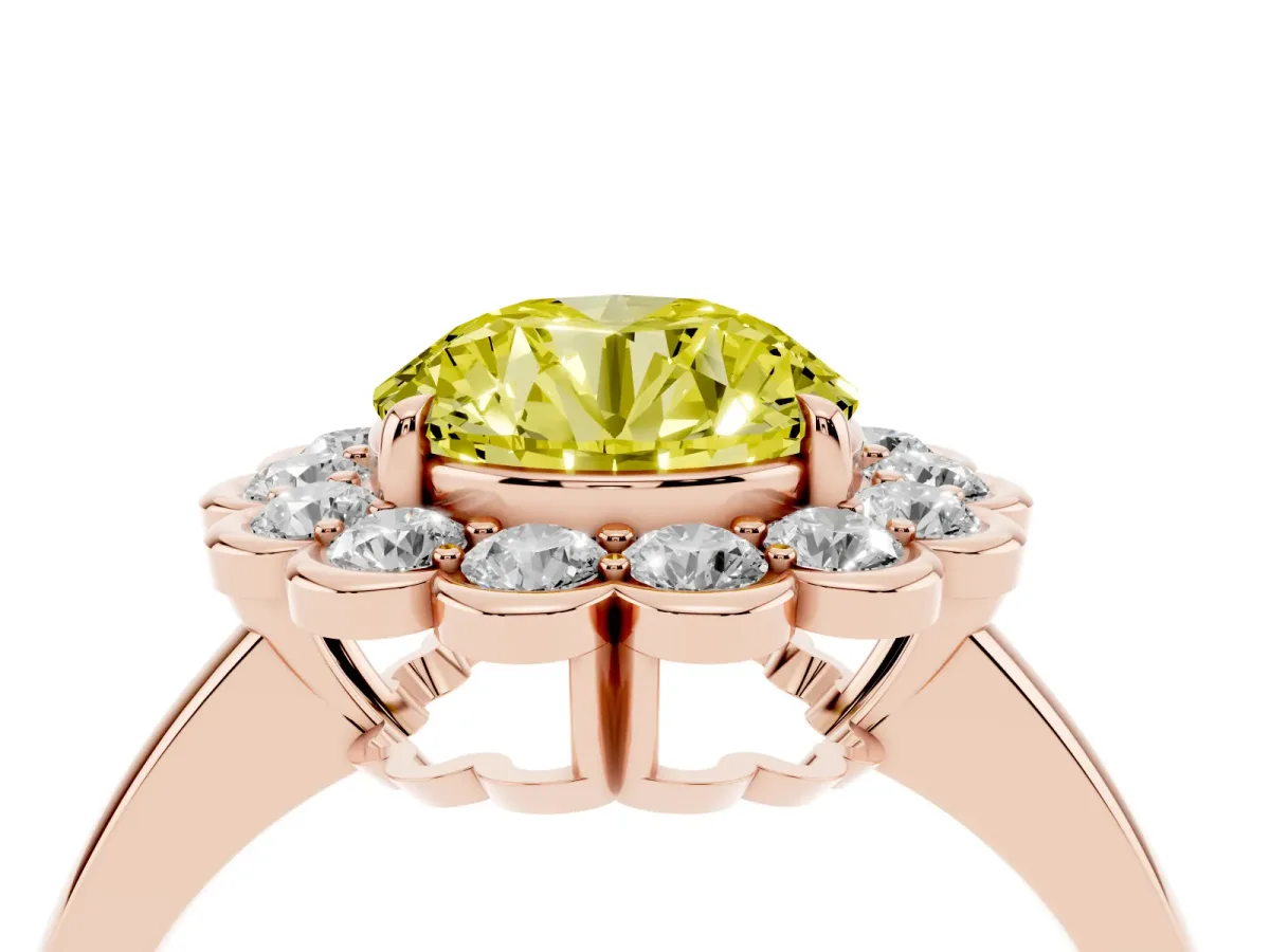 Fancy Yellow Round Cut Halo Cluster Diamond Engagement Ring with Solitaire Band and Prong Setting Rose gold