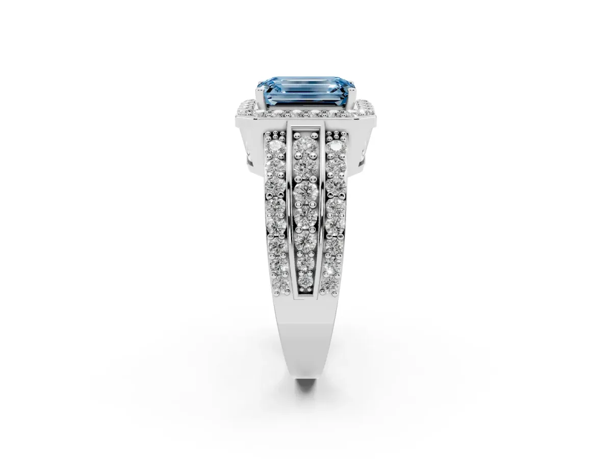 Fancy Blue Emerald Cut Halo Diamond Ring with Round Split Shank and Prong Setting Platinum