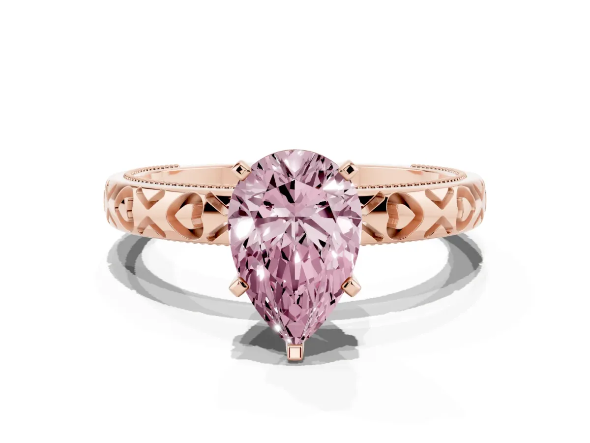 Fancy Pink Pear Cut Solitaire Diamond Engagement Ring with XO Engraved Band and Four-Prong Setting Rose gold