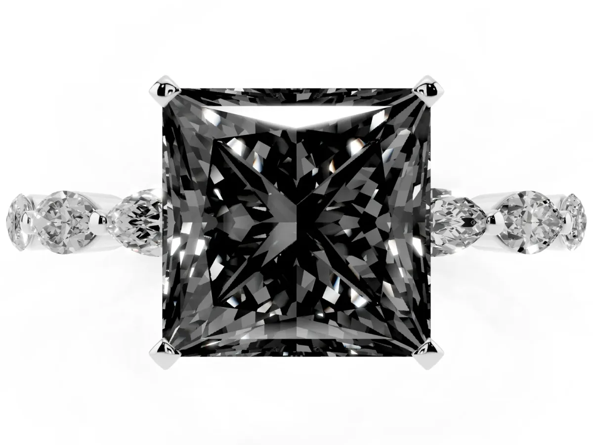 Fancy Black Princess Cut Diamond Ring with Marquise Side Stones and Prong Setting Platinum