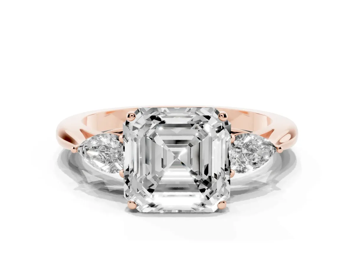 Three-Stone Asscher Cut Brilliant Diamond Solitaire Ring with Tapered Band and Four-Prong Setting Rose gold