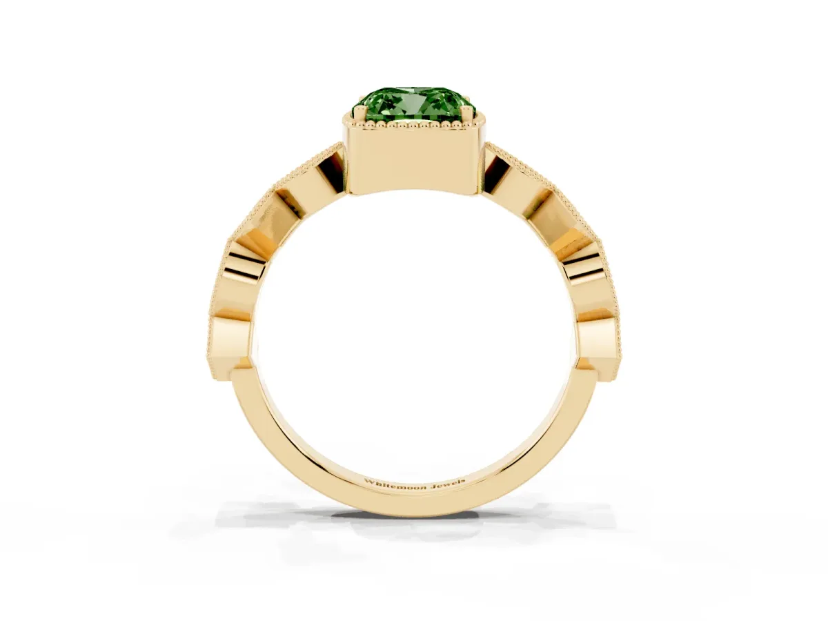 Fancy Green Cushion Cut Milgrain Marquise Diamond Twist Band Ring Yellow gold