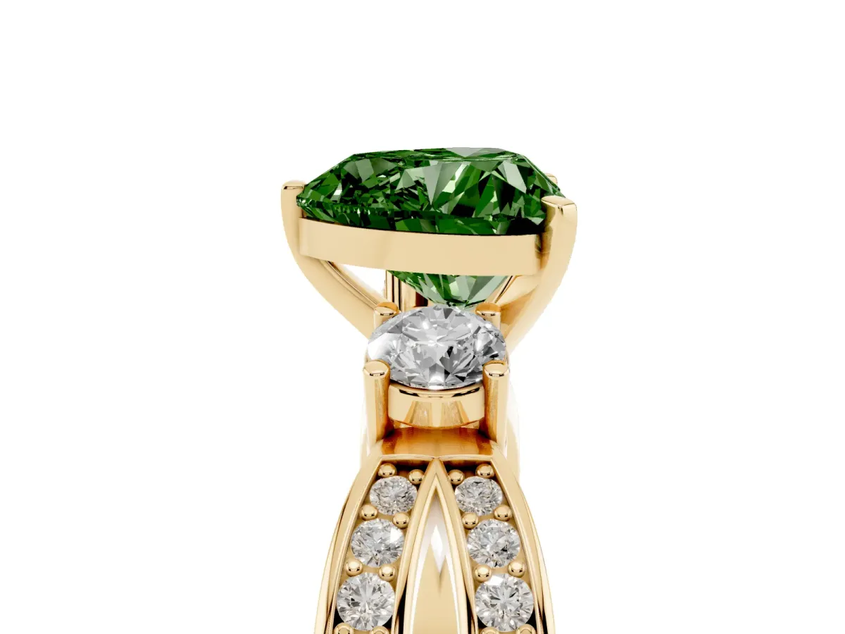 Fancy Green Three-Stone Heart Cut Cut Diamond Twist Band with Prong Setting Yellow gold