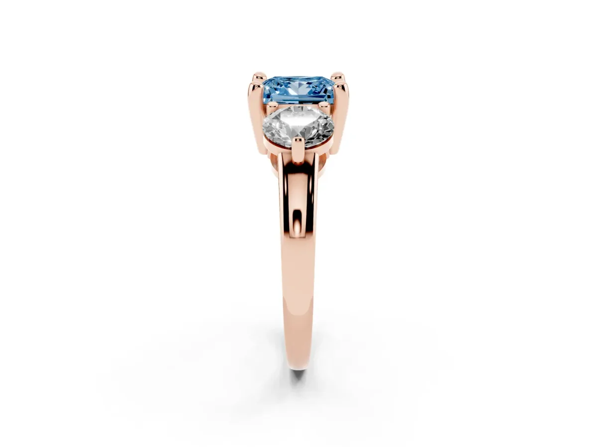 Fancy Blue Three-Stone Princess Cut Brilliant Cut Solitaire Ring with Prong Setting on a Classic Band Rose gold