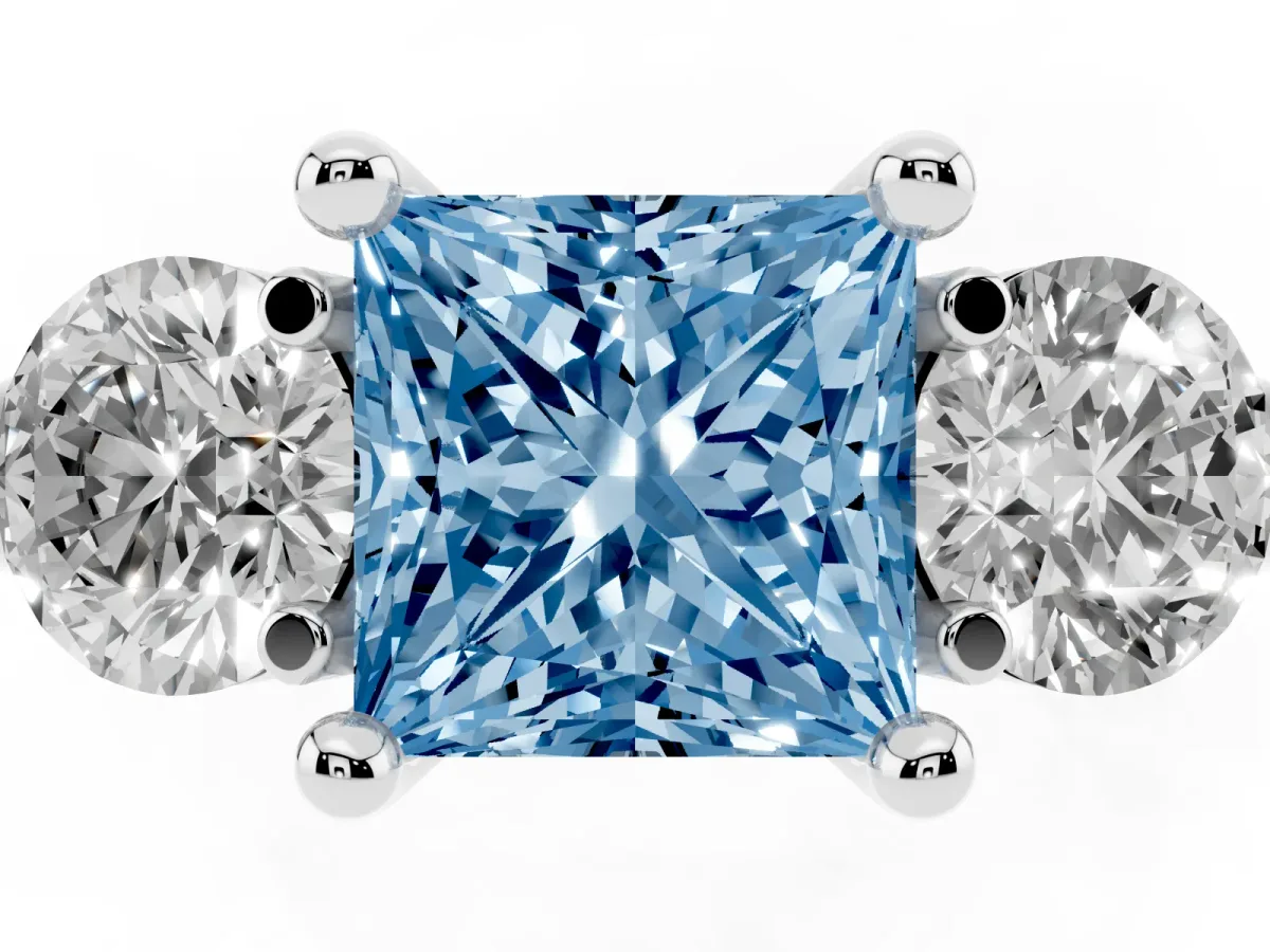 Fancy Blue Three-Stone Princess Cut Brilliant Cut Solitaire Ring with Prong Setting on a Classic Band Silver