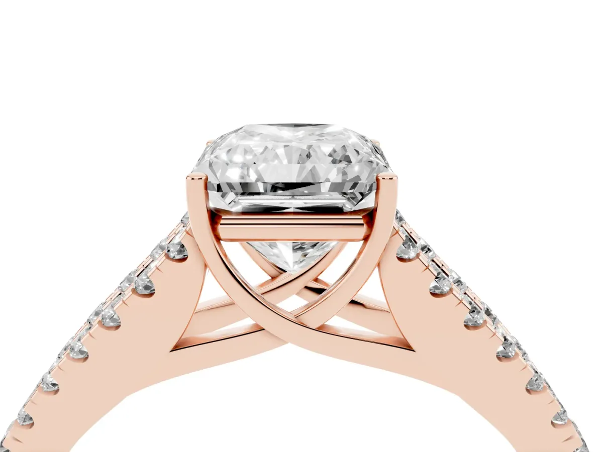 Radiant Cut Diamond Split Shank Engagement Ring with Round Pavé and Prong Setting Rose gold