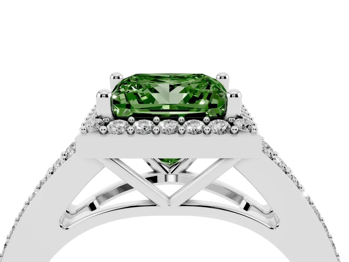Fancy Green Princess Cut Halo Split Shank Diamond Ring with Prong Setting White gold