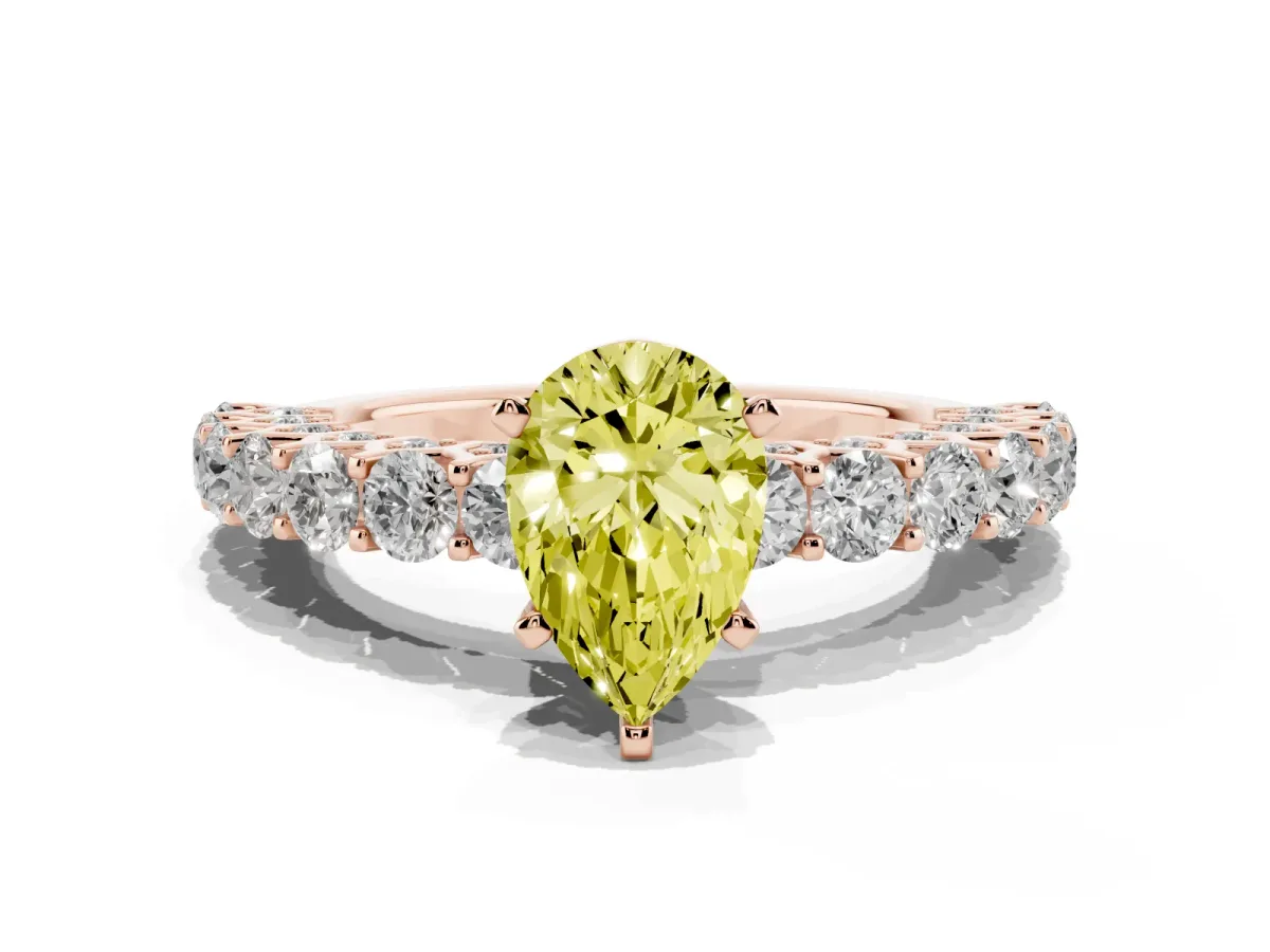 Fancy Yellow Pear Cut Diamond Solitaire Ring with Shared Prong Pavé Band and Four-Prong Setting Rose gold