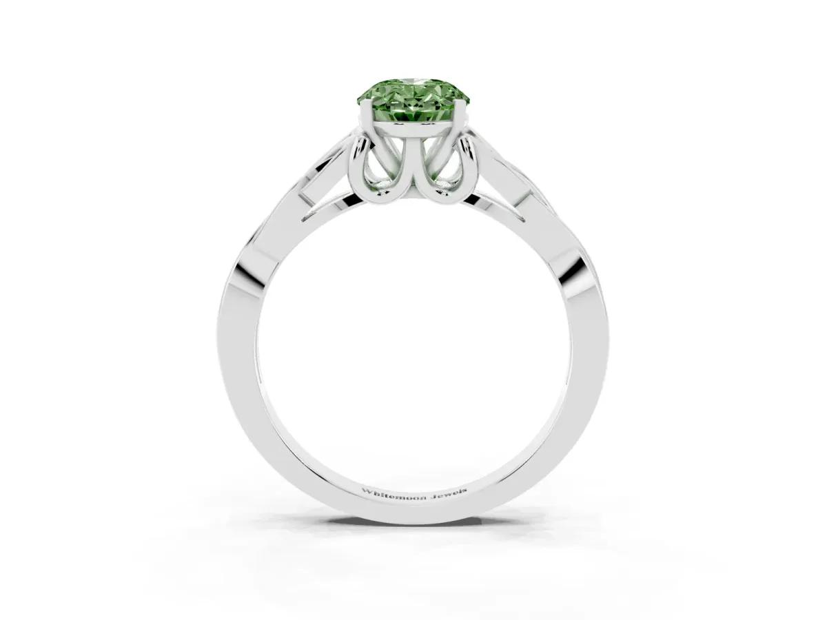 Fancy Green Oval Cut Diamond Solitaire Engagement Ring with Celtic Knot Band and Four-Prong Setting Platinum