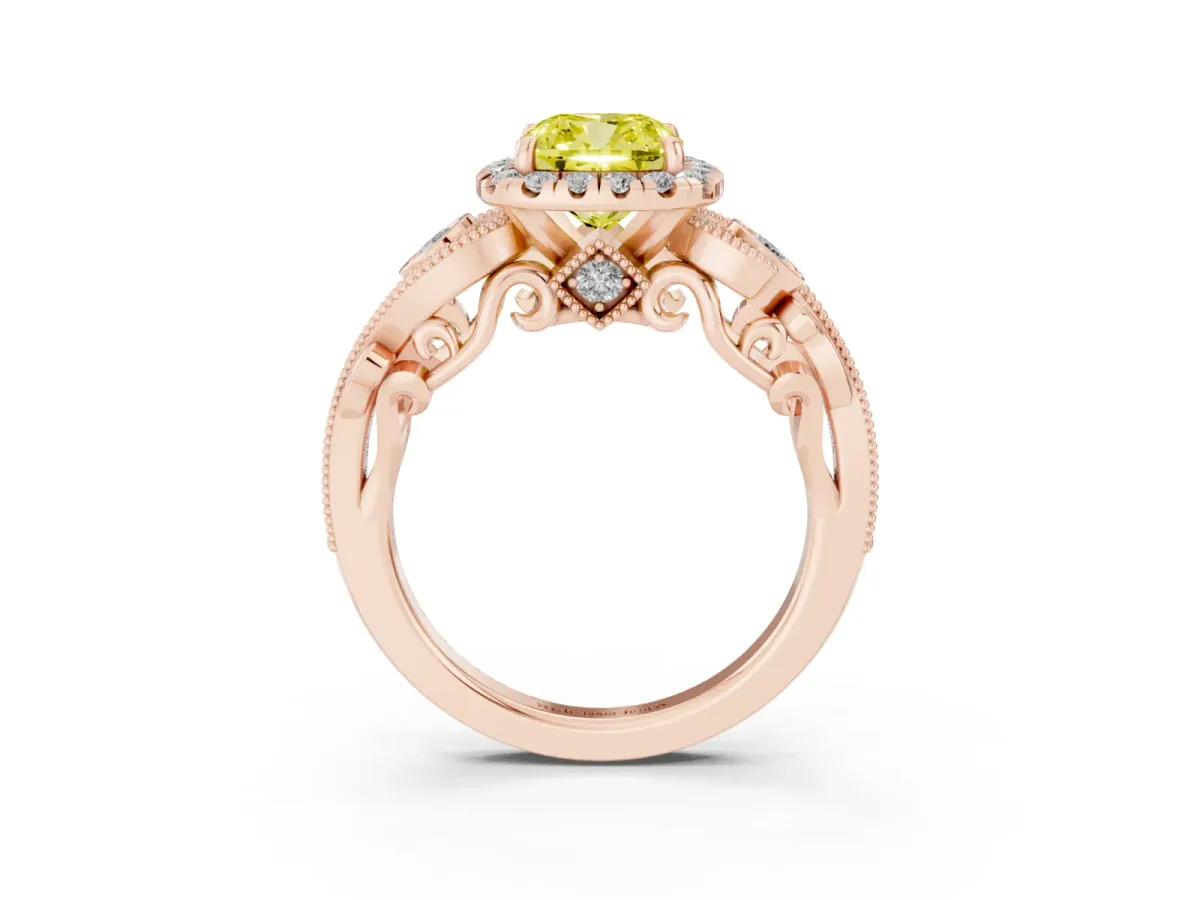 Fancy Yellow Cushion Cut Diamond Halo Ring with Milgrain Pavé Band and Four-Prong Setting Rose gold