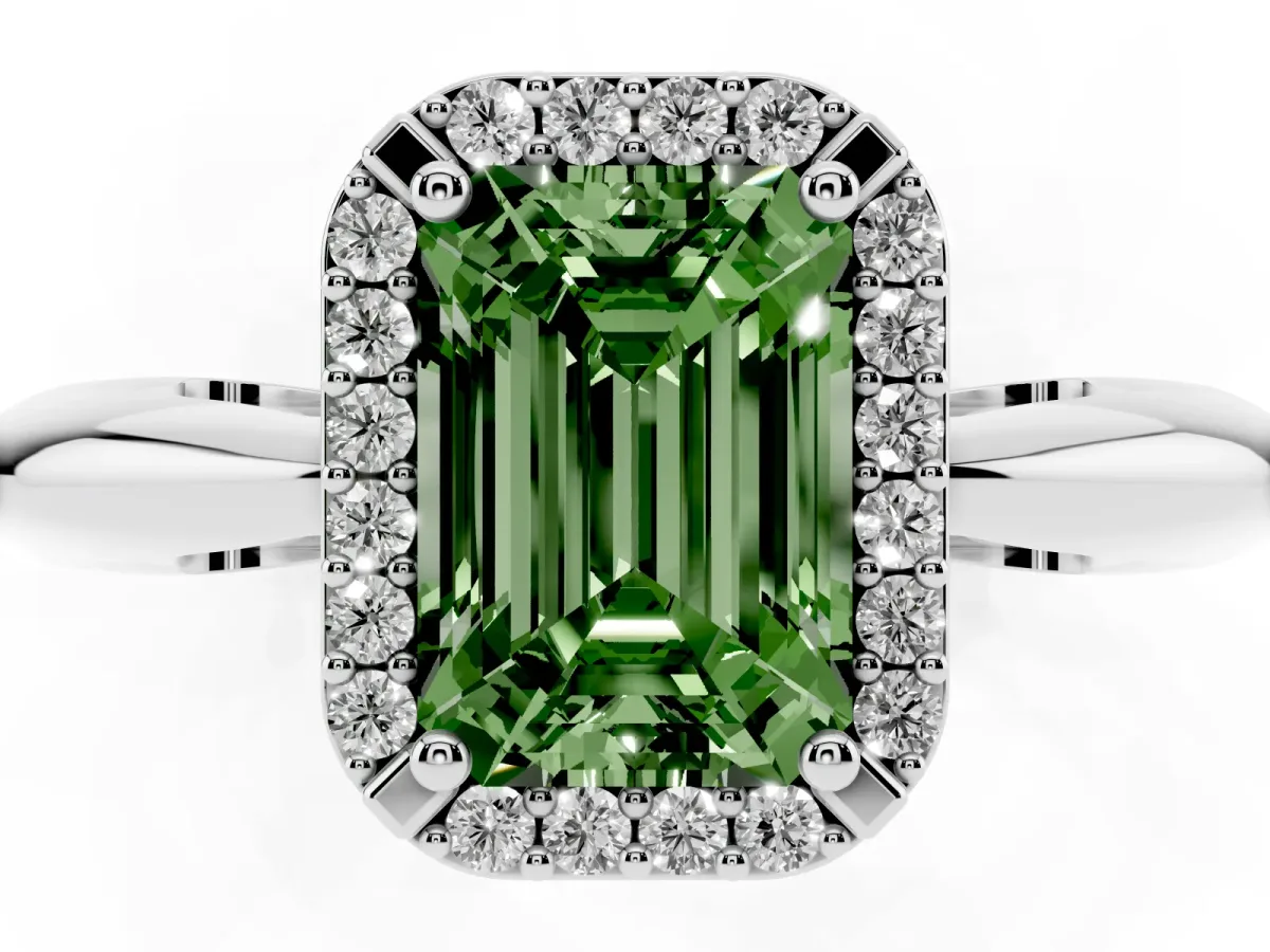 Fancy Green Emerald Cut Cut Diamond Halo Engagement Ring with Split Shank and Four-Prong Setting Silver