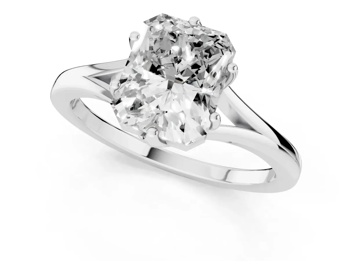 Radiant Cut Solitaire Diamond Ring with Six-Prong Setting and Tapered Band Platinum