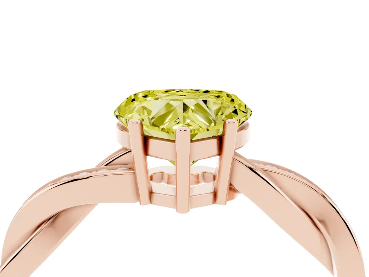 Fancy Yellow Heart Cut Solitaire Twisted Pave Diamond Ring with Four-Prong Setting Rose gold