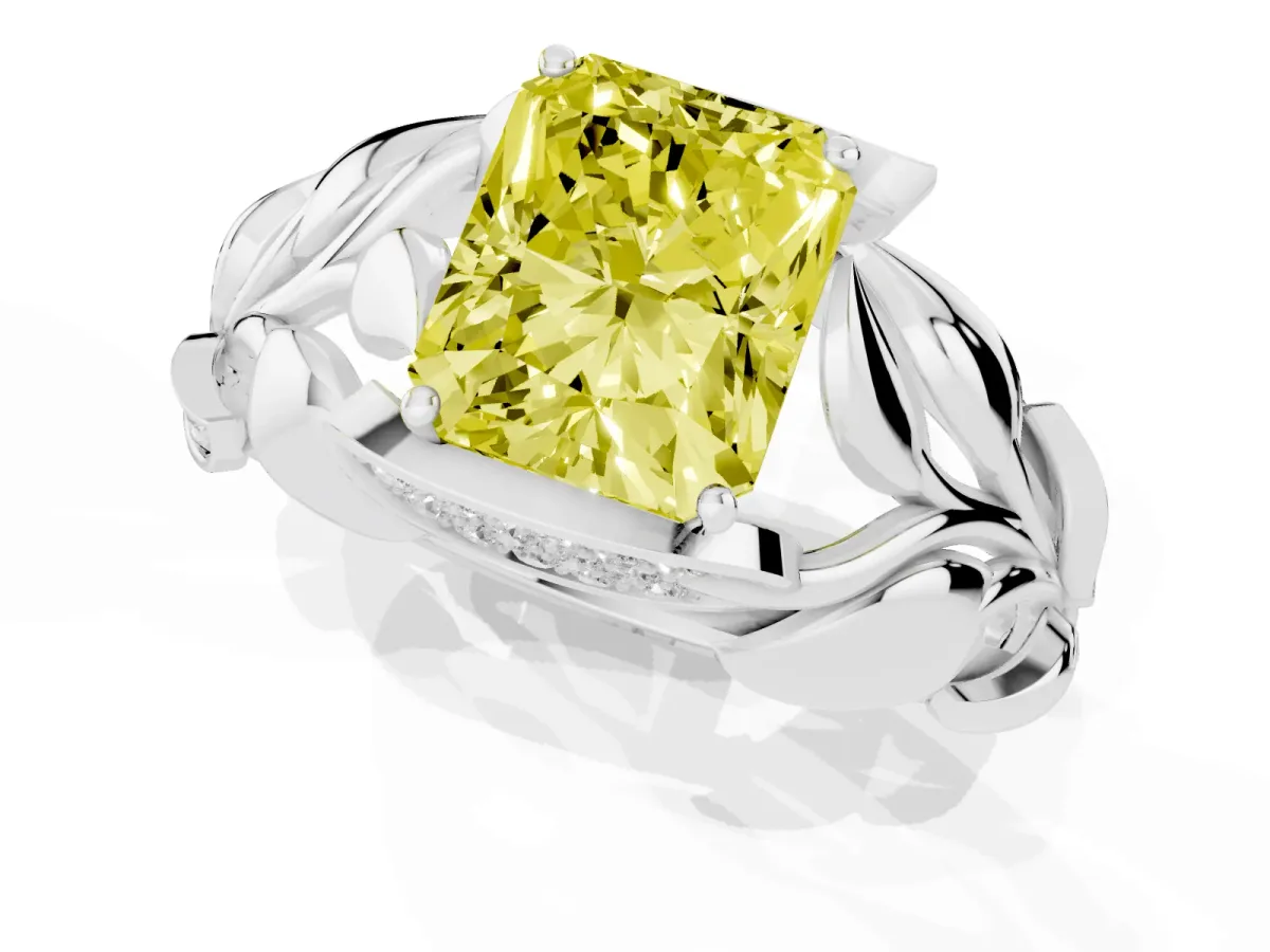 Fancy Yellow Radiant Cut Diamond Leaf-Inspired Engagement Ring with Round Accents and Prong Setting Silver