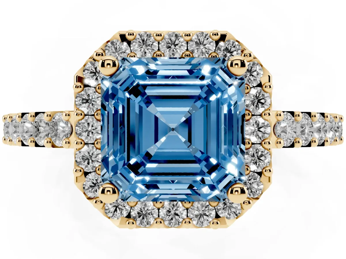 Fancy Blue Asscher Cut Halo Diamond Pavé Solitaire Ring Yellow gold