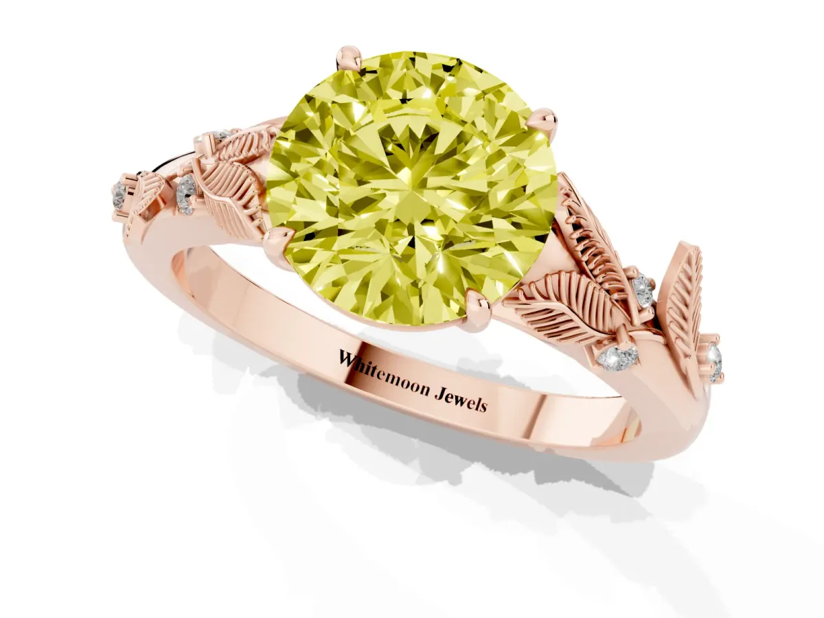 Fancy Yellow Round Cut Diamond Solitaire Ring with Leaf Motif Band and Four-Prong Setting Rose gold