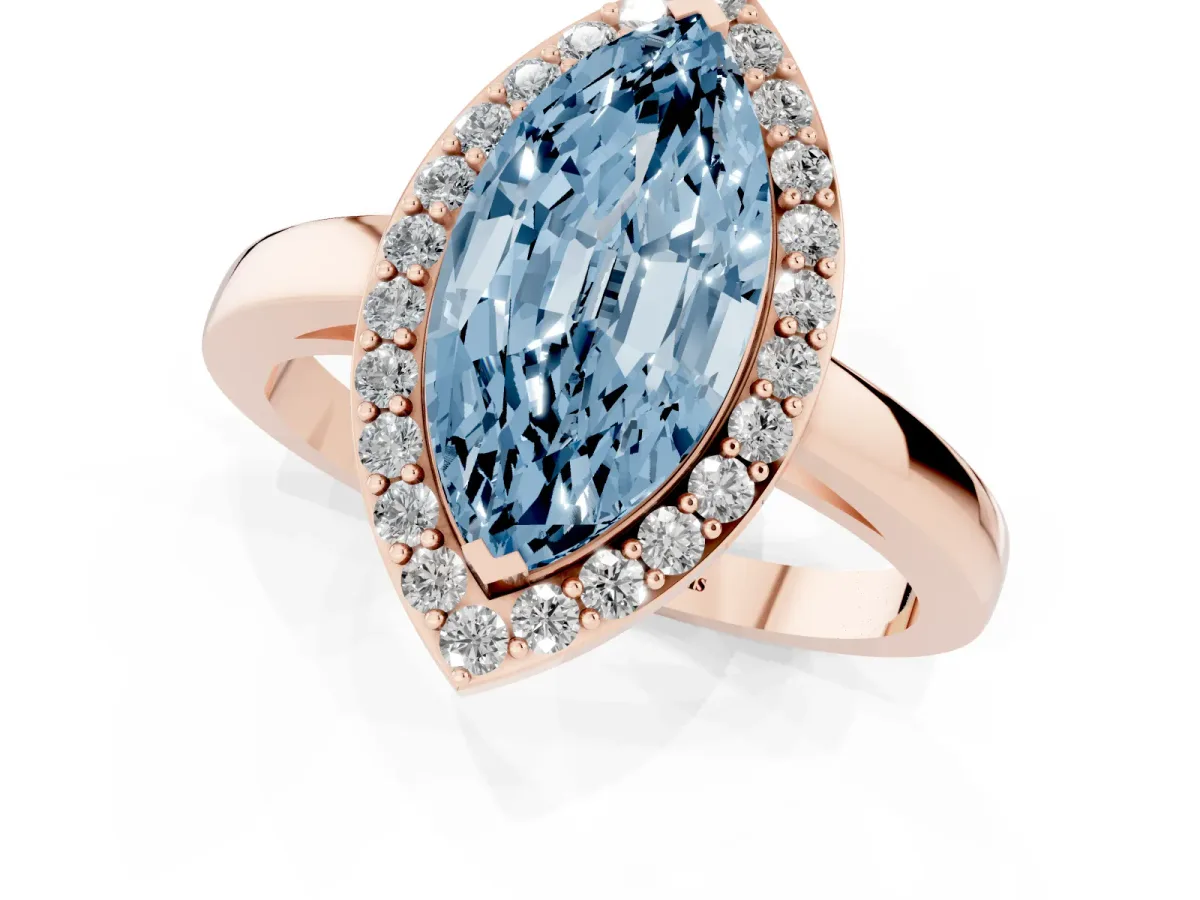Fancy Blue Marquise Cut Halo Diamond Ring with Solitaire Band and Prong Setting Rose gold