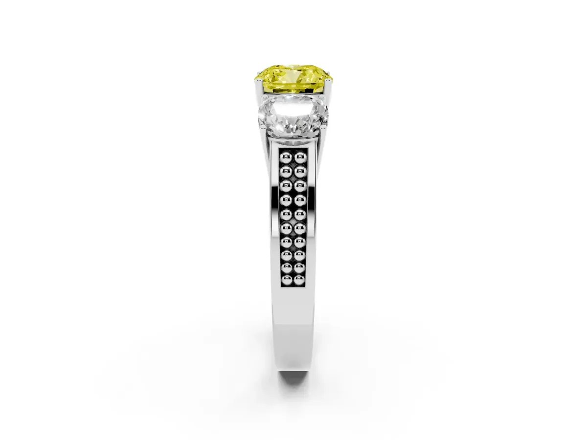 Fancy Yellow Cushion Cut Diamond Three-Stone Ring with Prong Setting and Textured Band Silver