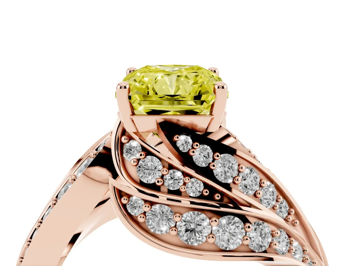 Fancy Yellow Radiant Cut Diamond Solitaire Ring with Prong Setting and Twisted Pavé Band Rose gold